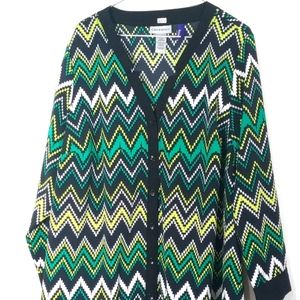 Catherines 1X Petite 18/20WP GREEN Yellow Black Zigzag Pattern Button Blouse